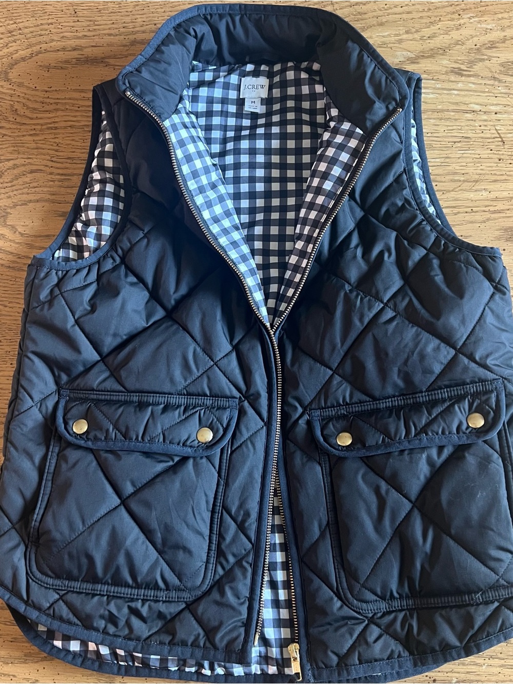 J.CREW Black Insulated Puffer Vest M Women Lined Full Zip Pockets Gingham Lined
